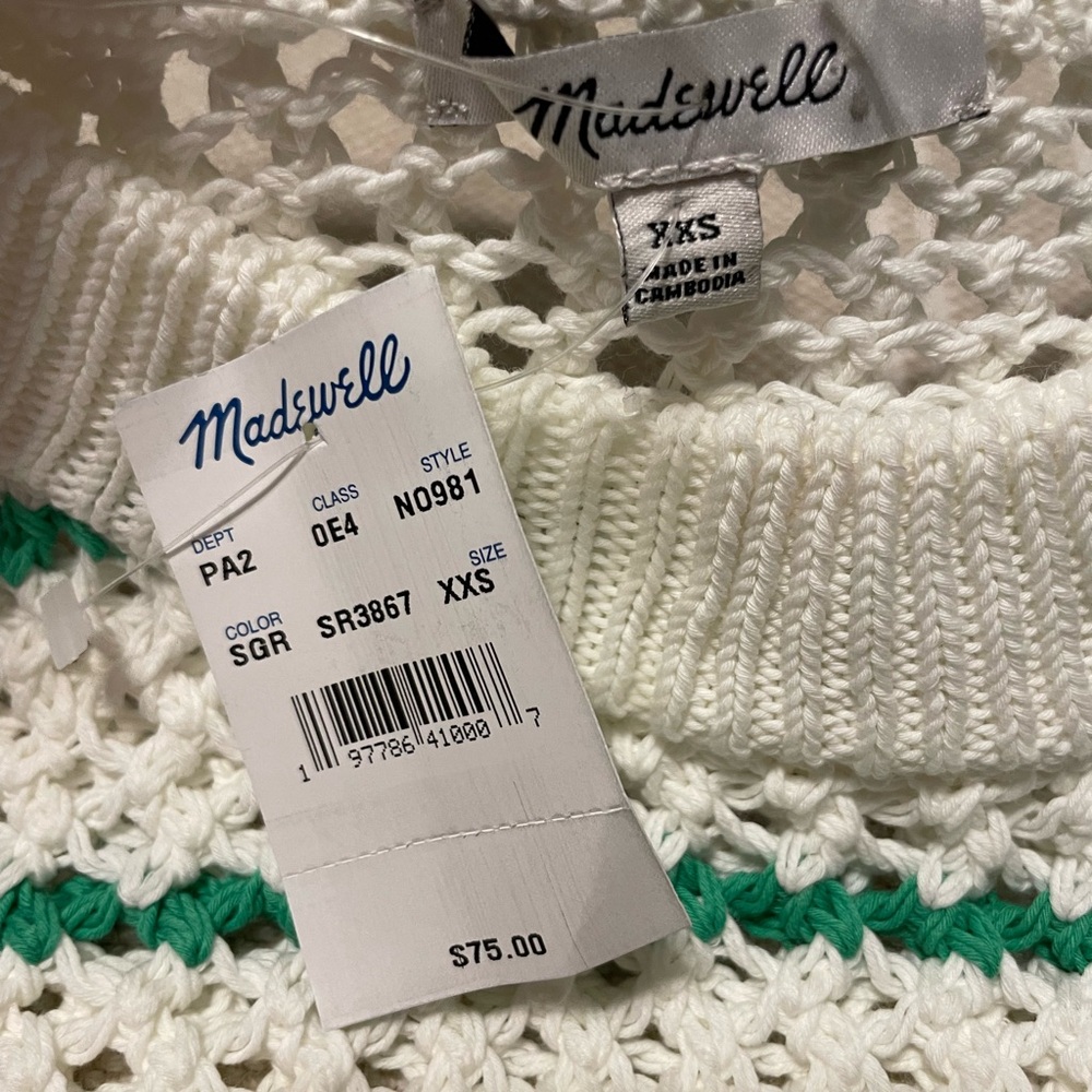 NWT Madewell Open Knit Sweater White Green stripes Cotton XS - Picture 3 of 7